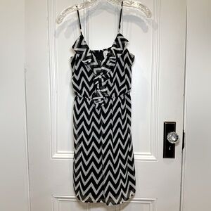 Pink Owl Black and White Chevron Midi Dress with V Neck Ruffle Accent - Size S